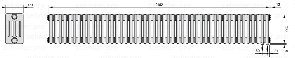 Схема (чертеж) Радиатор Zehnder Charleston 5026/47 №5510 Белый глянцевый RAL 9016